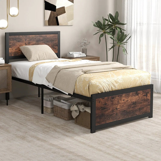 Twin metal bed frame with high headboard, black frame and wood panels DirectDeals bed on Tampa Home & Garden Store