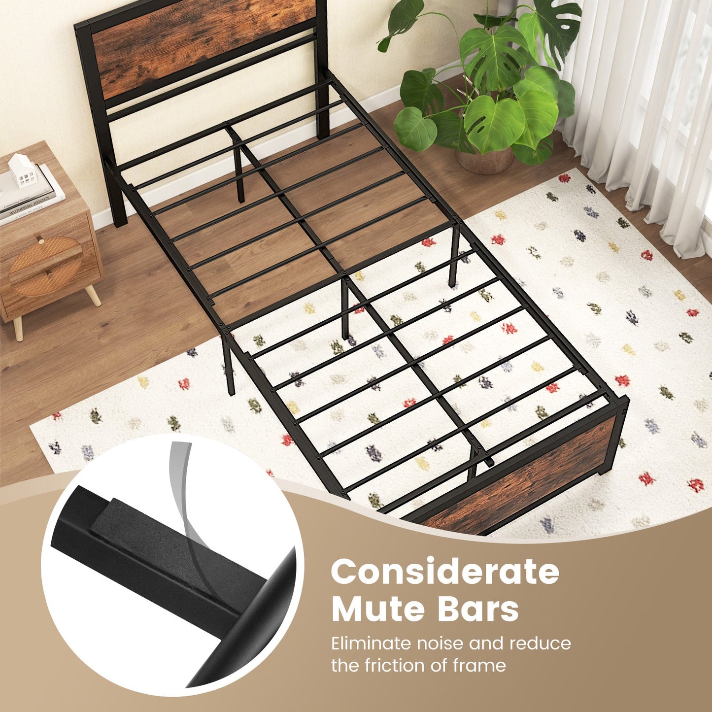 Estructura de cama individual de metal con cabecero alto y barras silenciosas - Tamaño individual