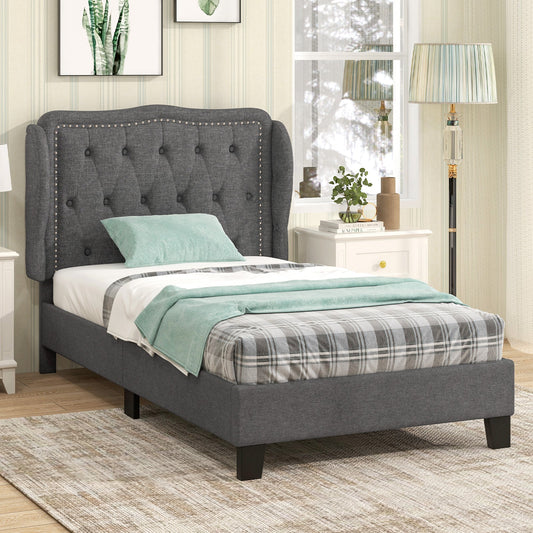 Twin Size Bed Frame with Button Tufted Wingback Headboard and Storage Space-Gray - Tampa Home & Garden Store