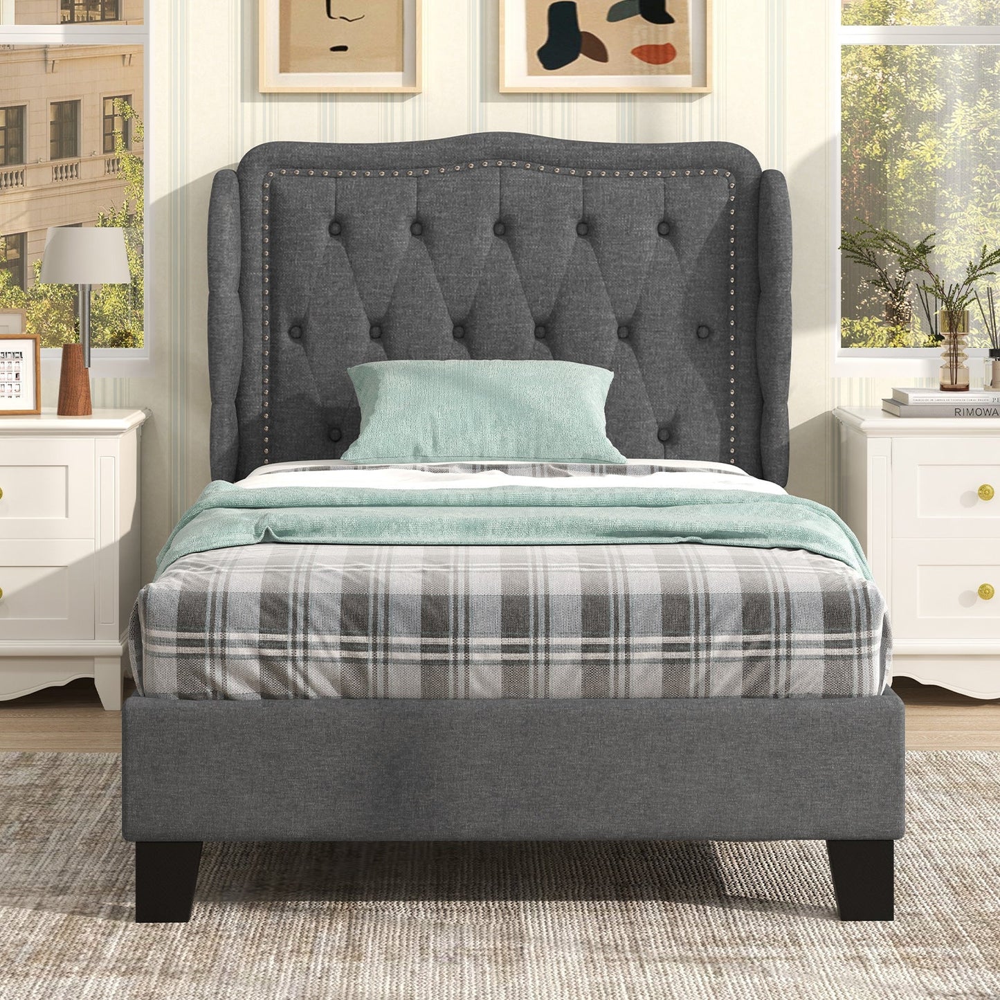 Estructura de cama individual con cabecera capitoné con alas y espacio de almacenamiento - Gris