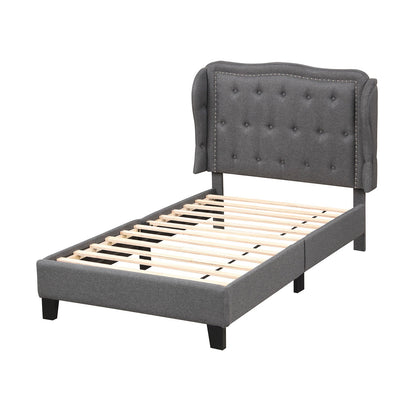 Estructura de cama individual con cabecera capitoné con alas y espacio de almacenamiento - Gris