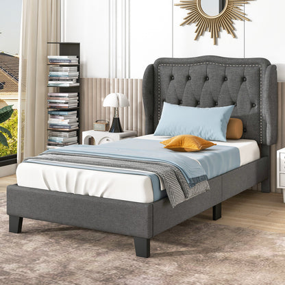 Estructura de cama individual con cabecera capitoné con alas y espacio de almacenamiento - Gris