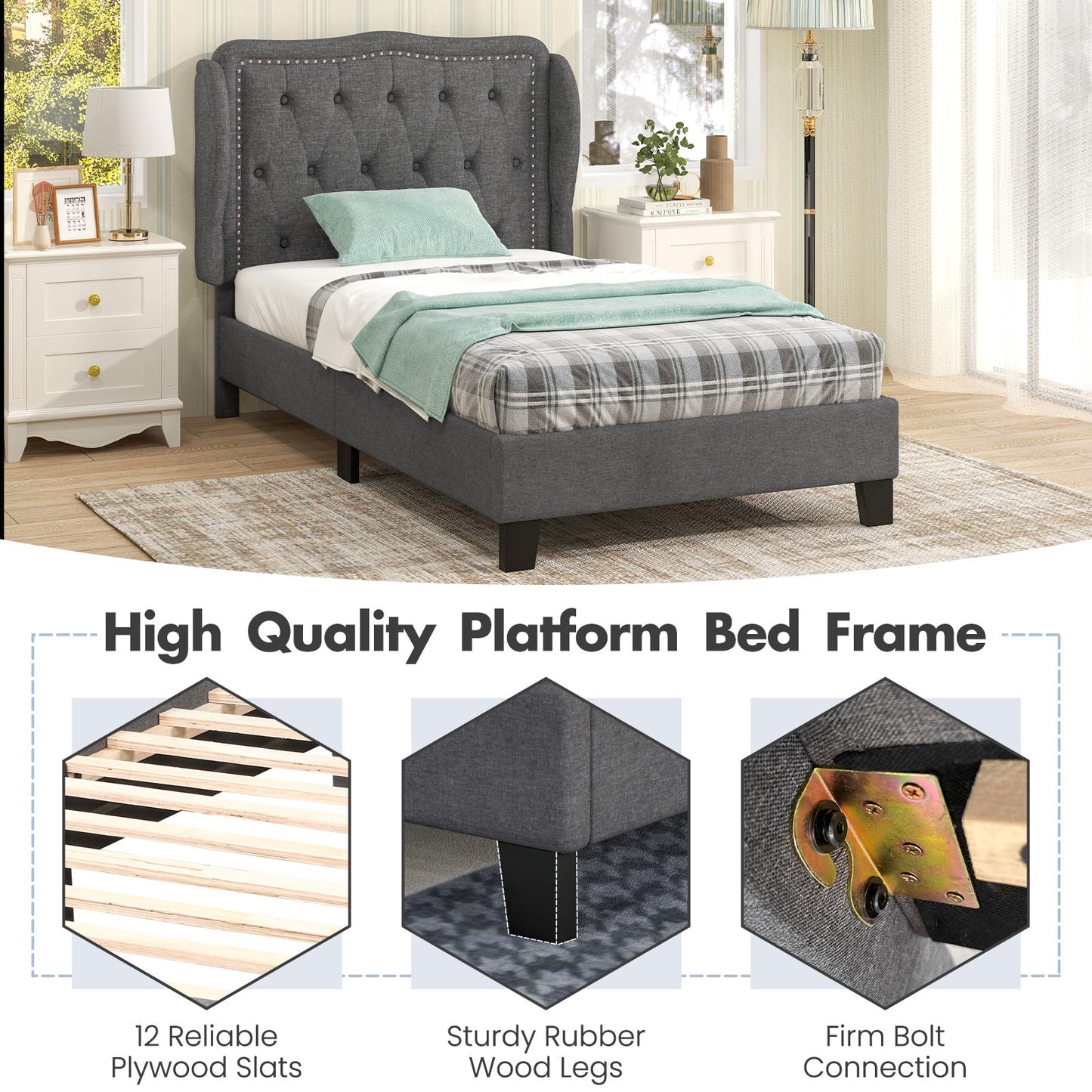 Estructura de cama individual con cabecera capitoné con alas y espacio de almacenamiento - Gris
