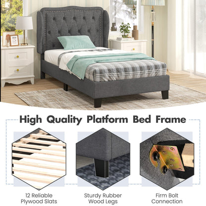 Estructura de cama individual con cabecera capitoné con alas y espacio de almacenamiento - Gris
