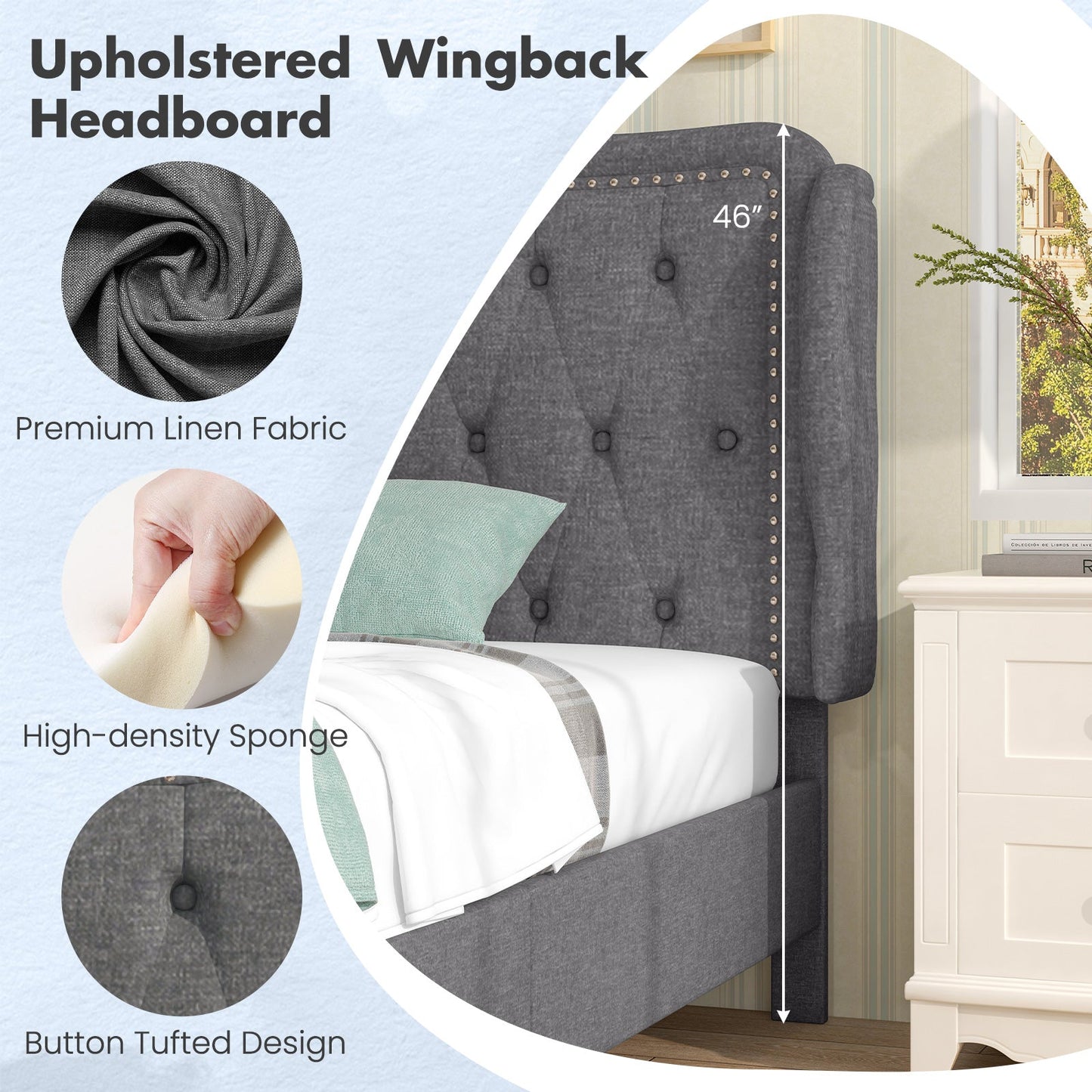Estructura de cama individual con cabecera capitoné con alas y espacio de almacenamiento - Gris