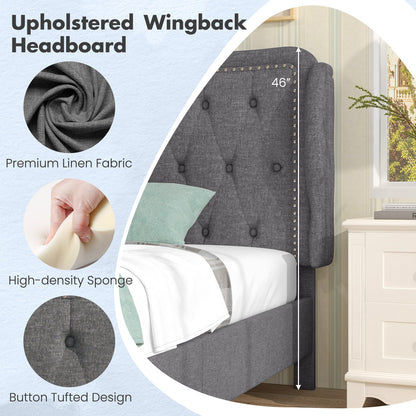 Estructura de cama individual con cabecera capitoné con alas y espacio de almacenamiento - Gris