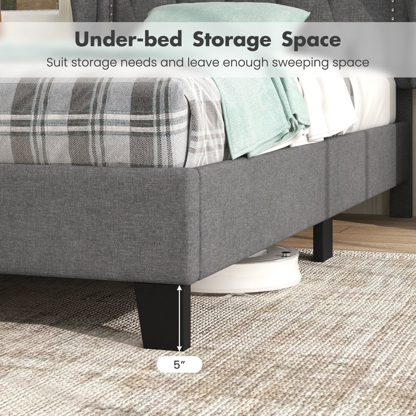 Estructura de cama individual con cabecera capitoné con alas y espacio de almacenamiento - Gris