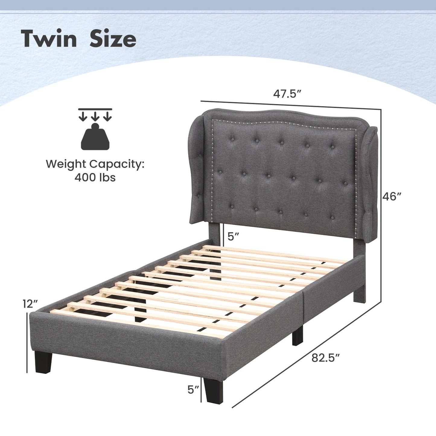 Estructura de cama individual con cabecera capitoné con alas y espacio de almacenamiento - Gris