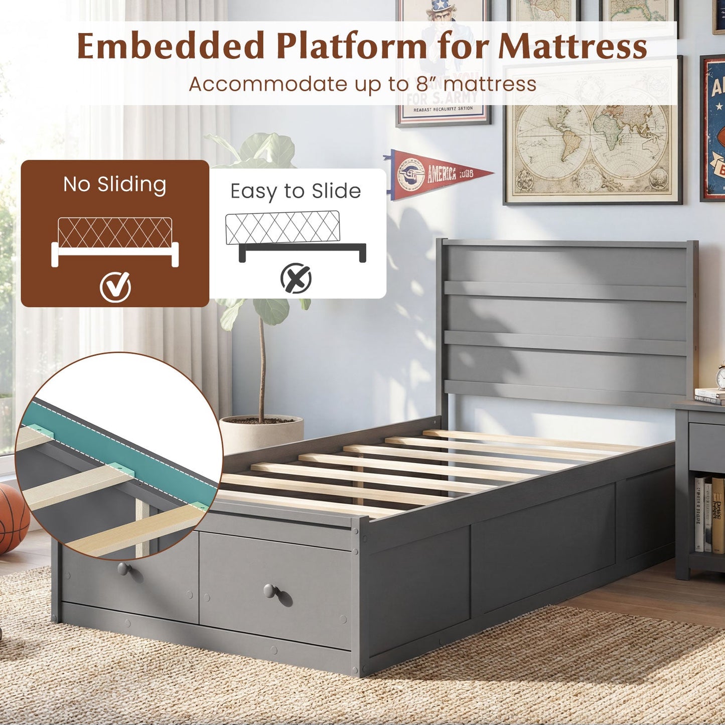 Twin Size Bed Frame with Storage Drawers and Headboard