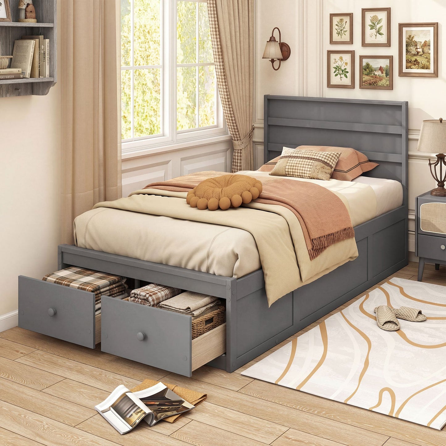 Twin Size Bed Frame with Storage Drawers and Headboard
