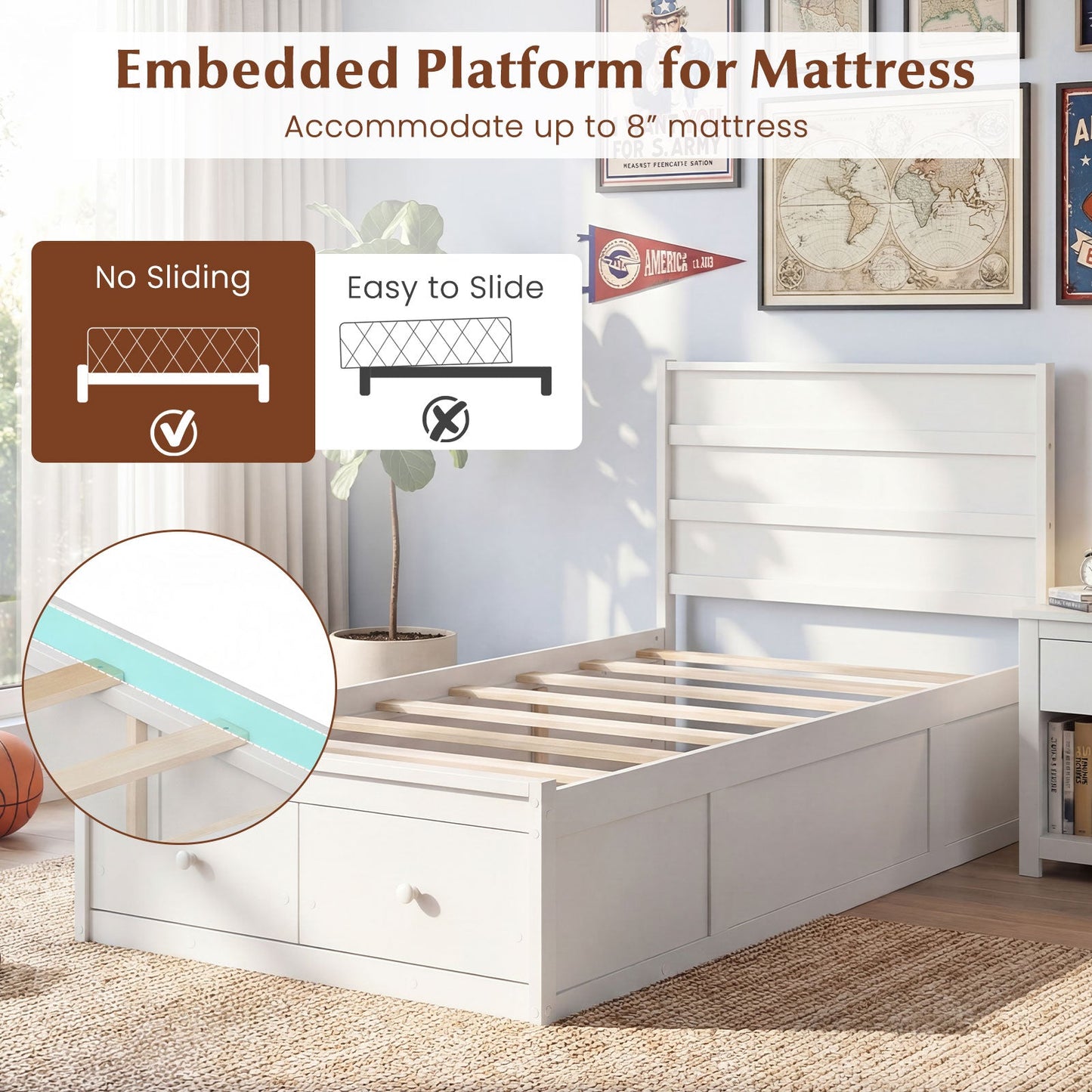 Twin Size Bed Frame with Storage Drawers and Headboard