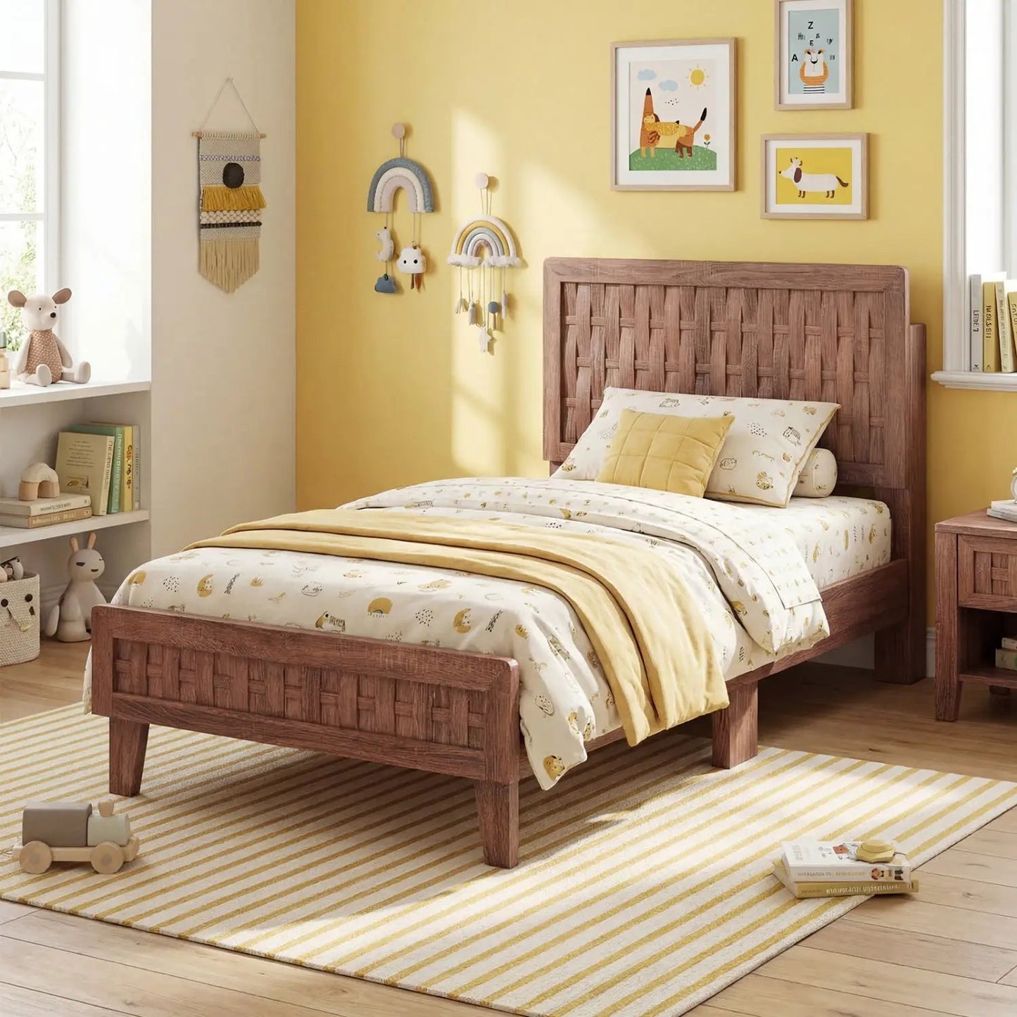 Twin Bed Frame Mid Century With Woven Headboard