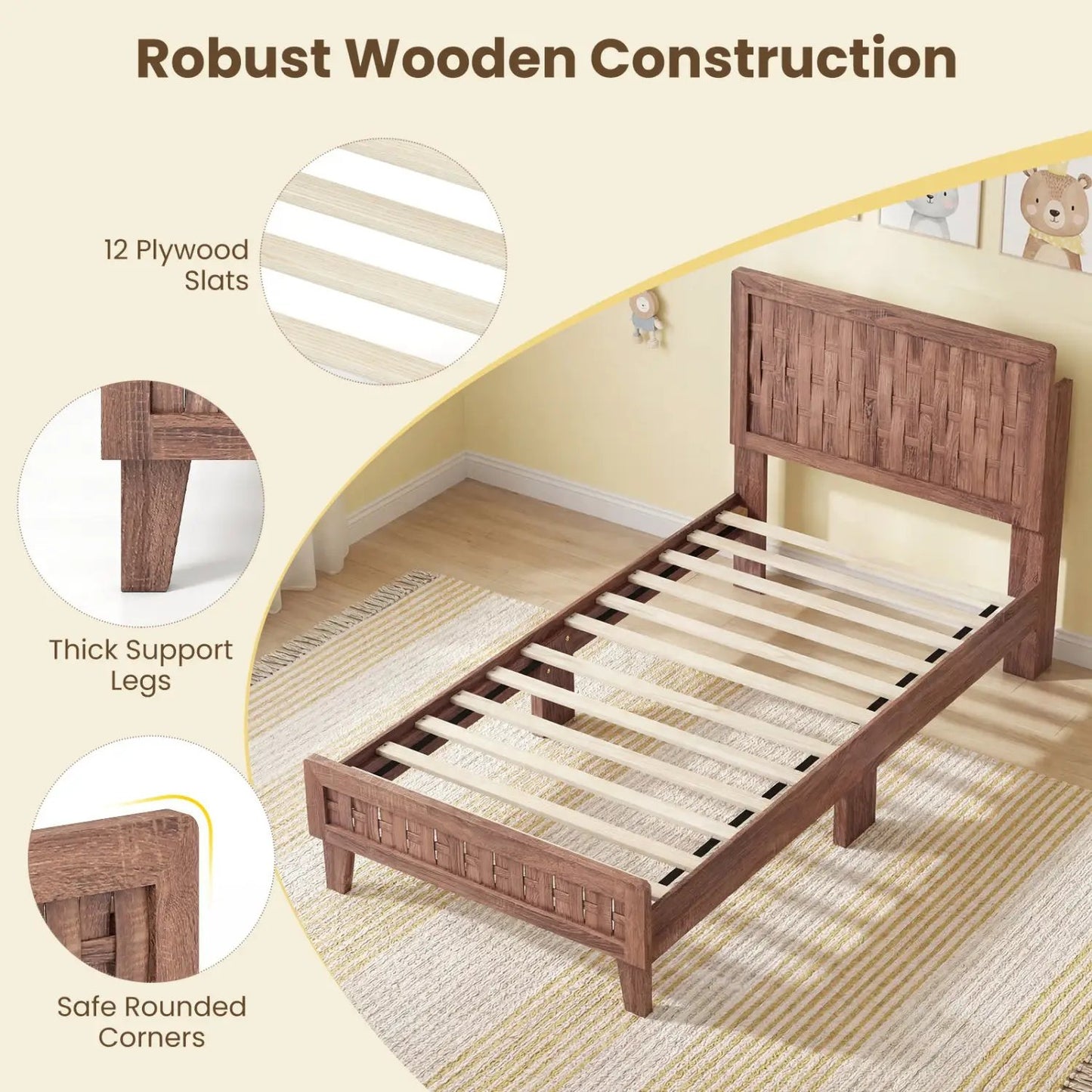 Twin Bed Frame Mid Century With Woven Headboard