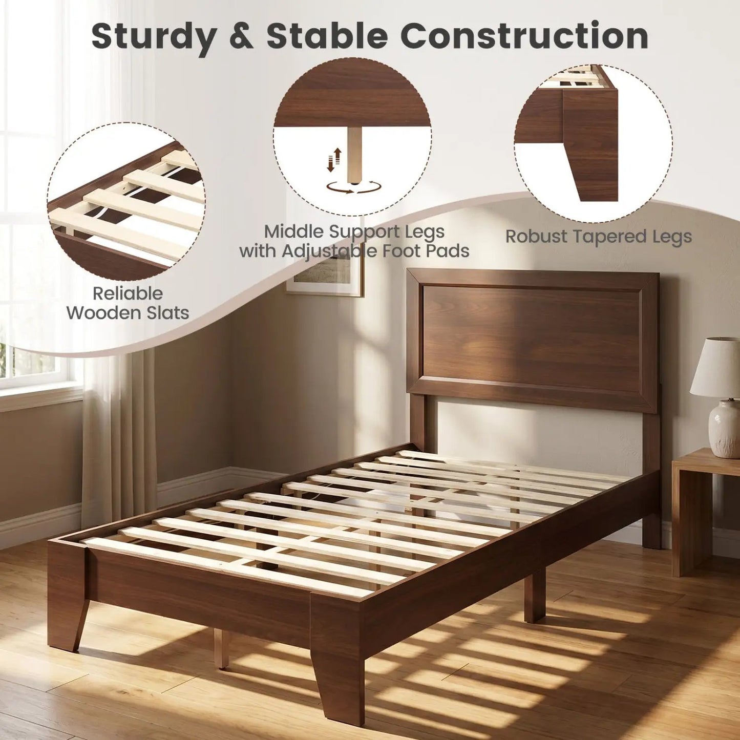 Twin Platform Bed Frame with Headboard Sturdy