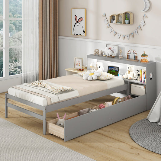 Twin Size Bed Frame with LED Light and Bookcase Headboard-Gray - Tampa Home & Garden Store