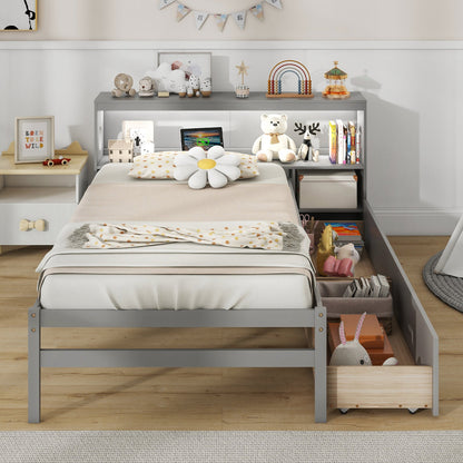 Estructura de cama individual con luz LED y cabecero con estantería - Gris