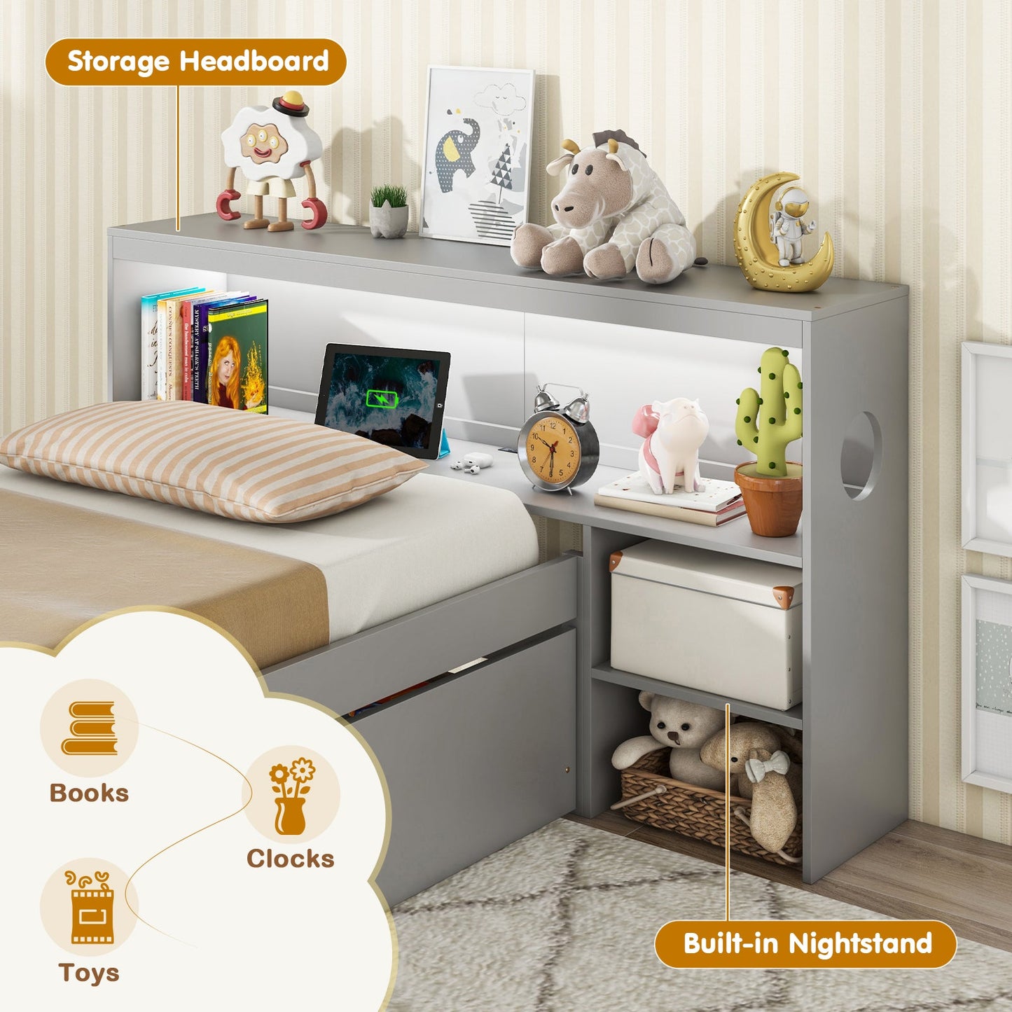 Estructura de cama individual con luz LED y cabecero con estantería - Gris