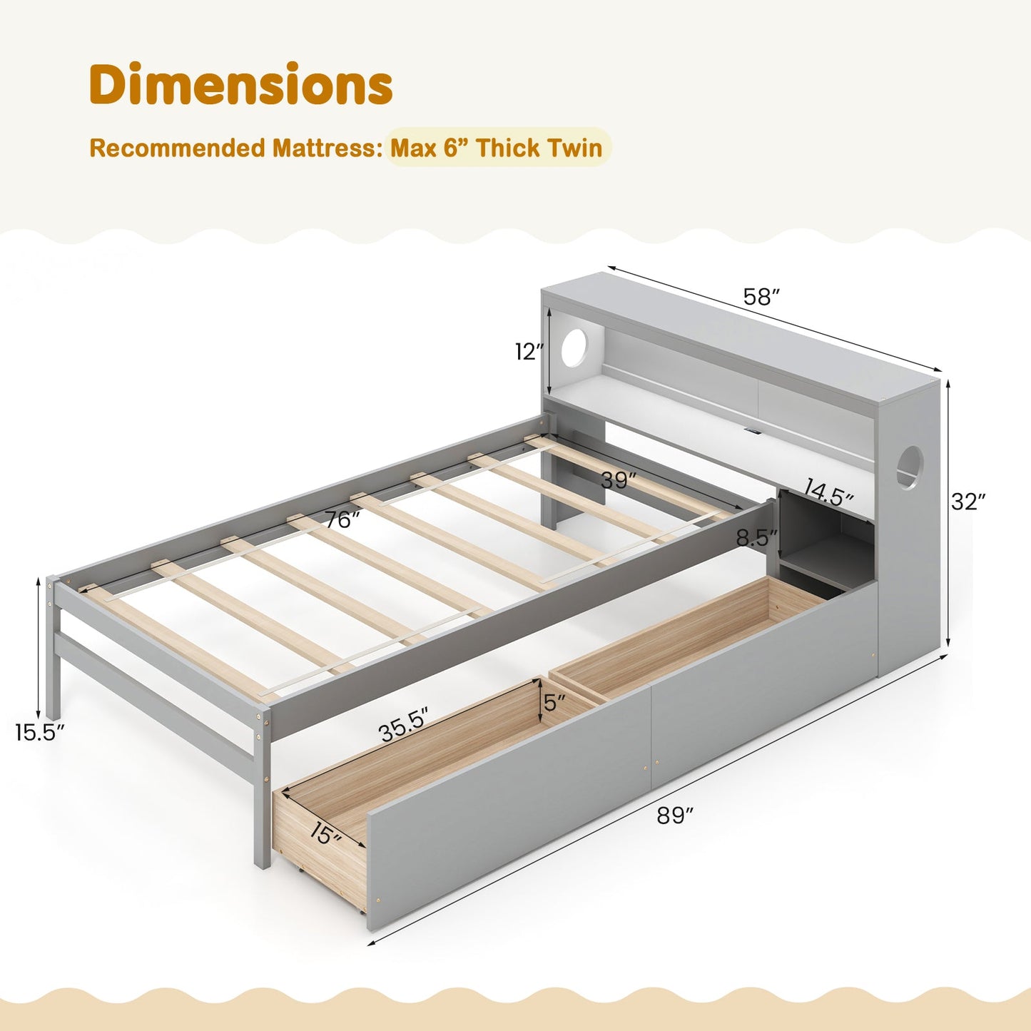 Estructura de cama individual con luz LED y cabecero con estantería - Gris