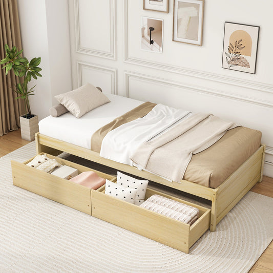 Twin Size Captain Bed with 2 Drawers and Slats Support-Natural - Tampa Home & Garden Store