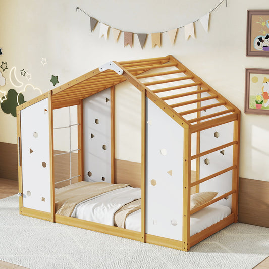 Twin Size Climbing Bed 2-in-1 Montessori Floor Bed with Monkey Bars-Natural and White - Tampa Home & Garden Store
