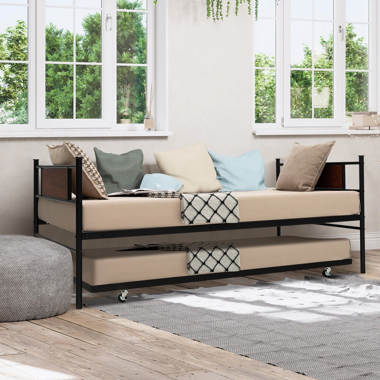 Base de cama nido doble 2 en 1 con cama auxiliar extraíble