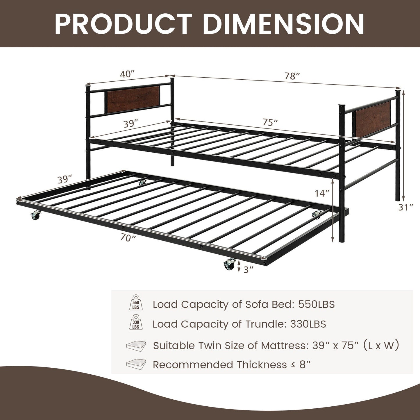Base de cama nido doble 2 en 1 con cama auxiliar extraíble
