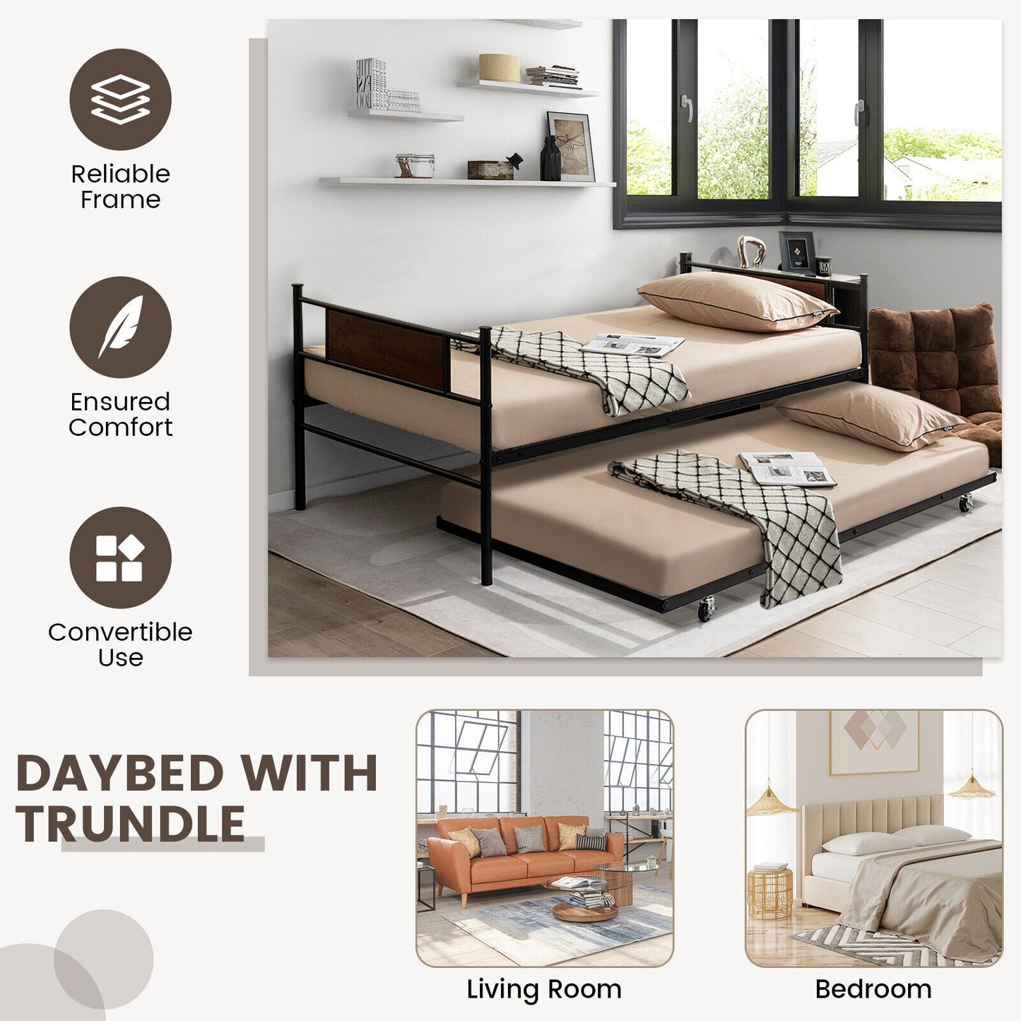 Base de cama nido doble 2 en 1 con cama auxiliar extraíble