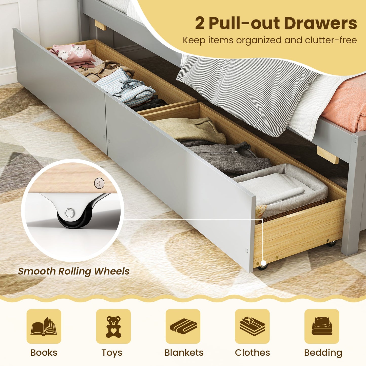 Cama nido individual con 2 cajones de almacenamiento, no necesita somier - Gris