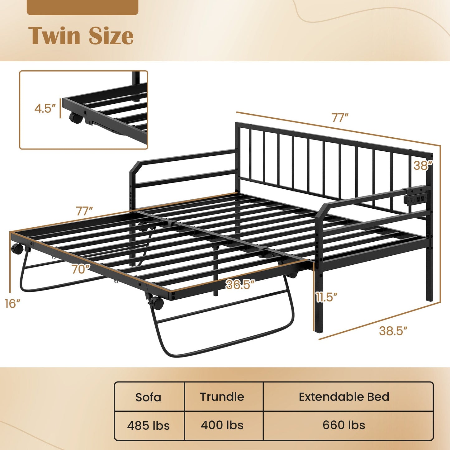 Sofá Cama Doble de Metal Ajustable con Estación de Carga y Luz LED - Negro