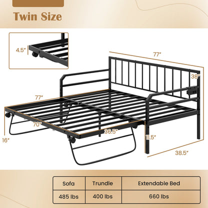Sofá Cama Doble de Metal Ajustable con Estación de Carga y Luz LED - Negro