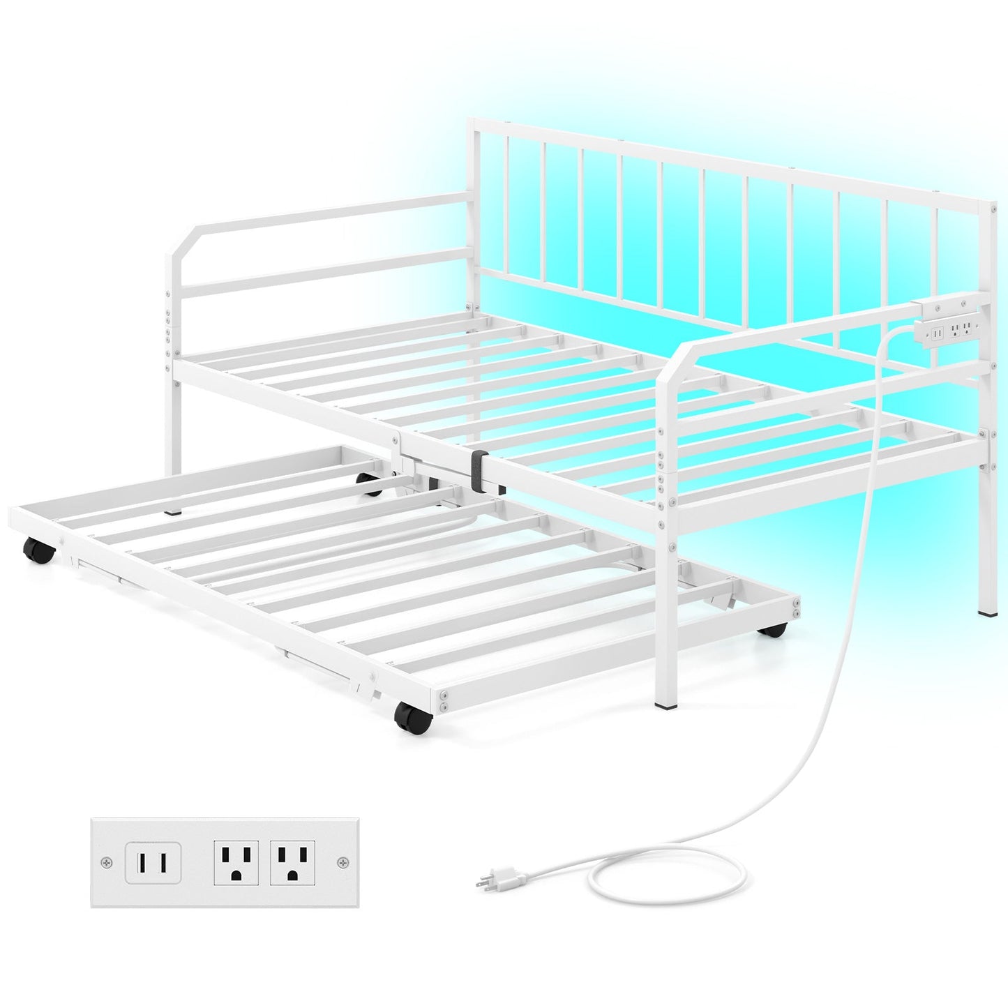 Sofá Cama Doble de Metal Ajustable con Estación de Carga y Luz LED - Negro