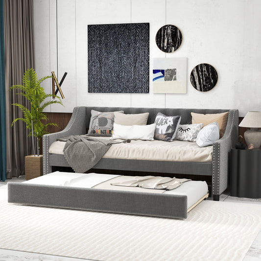 Twin Size Daybed with Trundle Sofa Bed with Curved Armrests and Backrest-Gray - Tampa Home & Garden Store