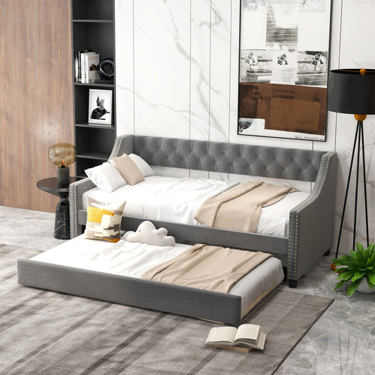 Twin Size Daybed with Trundle Sofa Bed with Curved Armrests and Backrest-Gray - Tampa Home & Garden Store