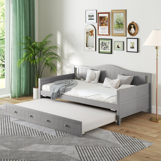 Twin Size Daybed with Trundle and Slats Support on Wheels-Gray - Tampa Home & Garden Store
