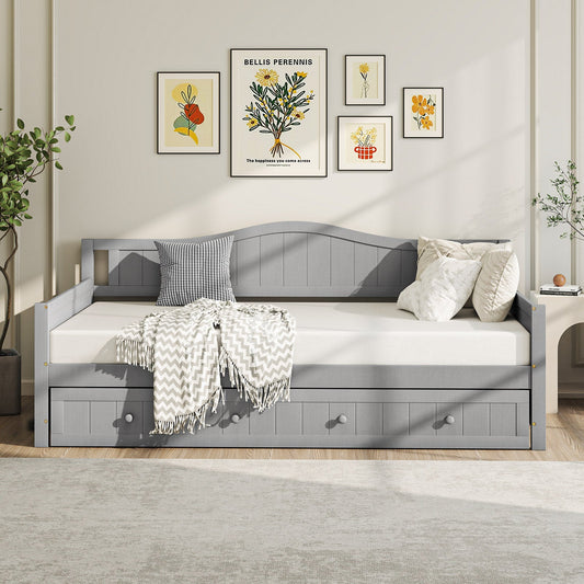 Twin Size Daybed with Trundle and Slats Support on Wheels-Gray - Tampa Home & Garden Store