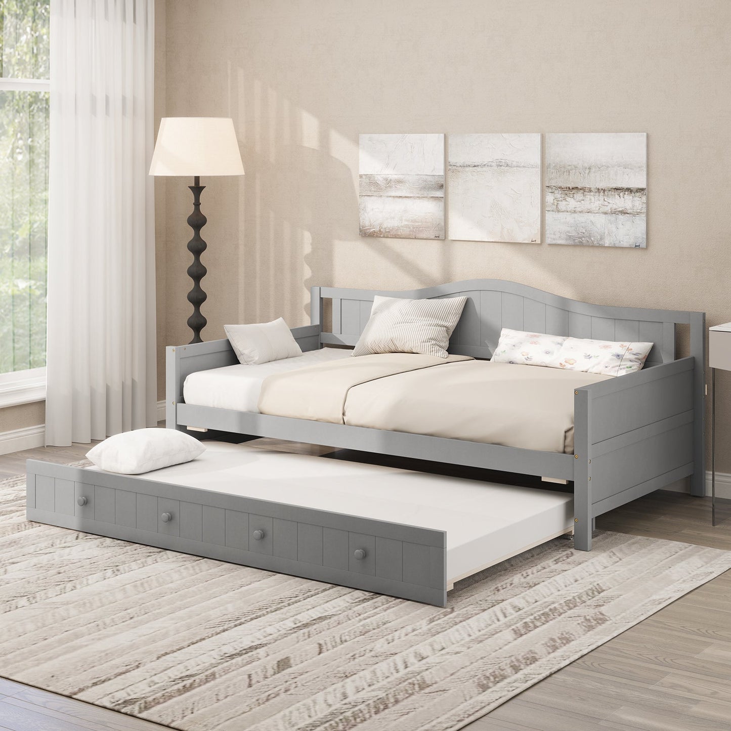 Sofá cama individual con nido y soporte de láminas sobre ruedas - Gris