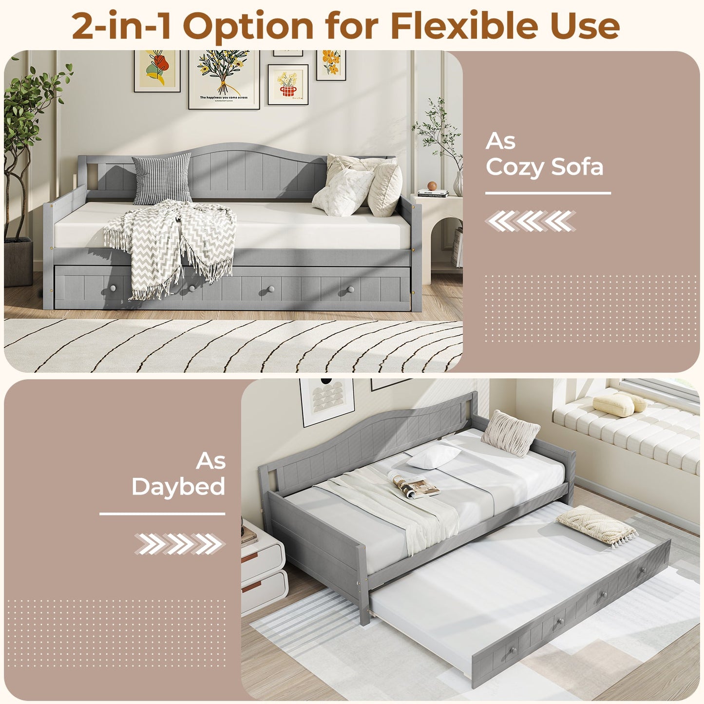 Sofá cama individual con nido y soporte de láminas sobre ruedas - Gris
