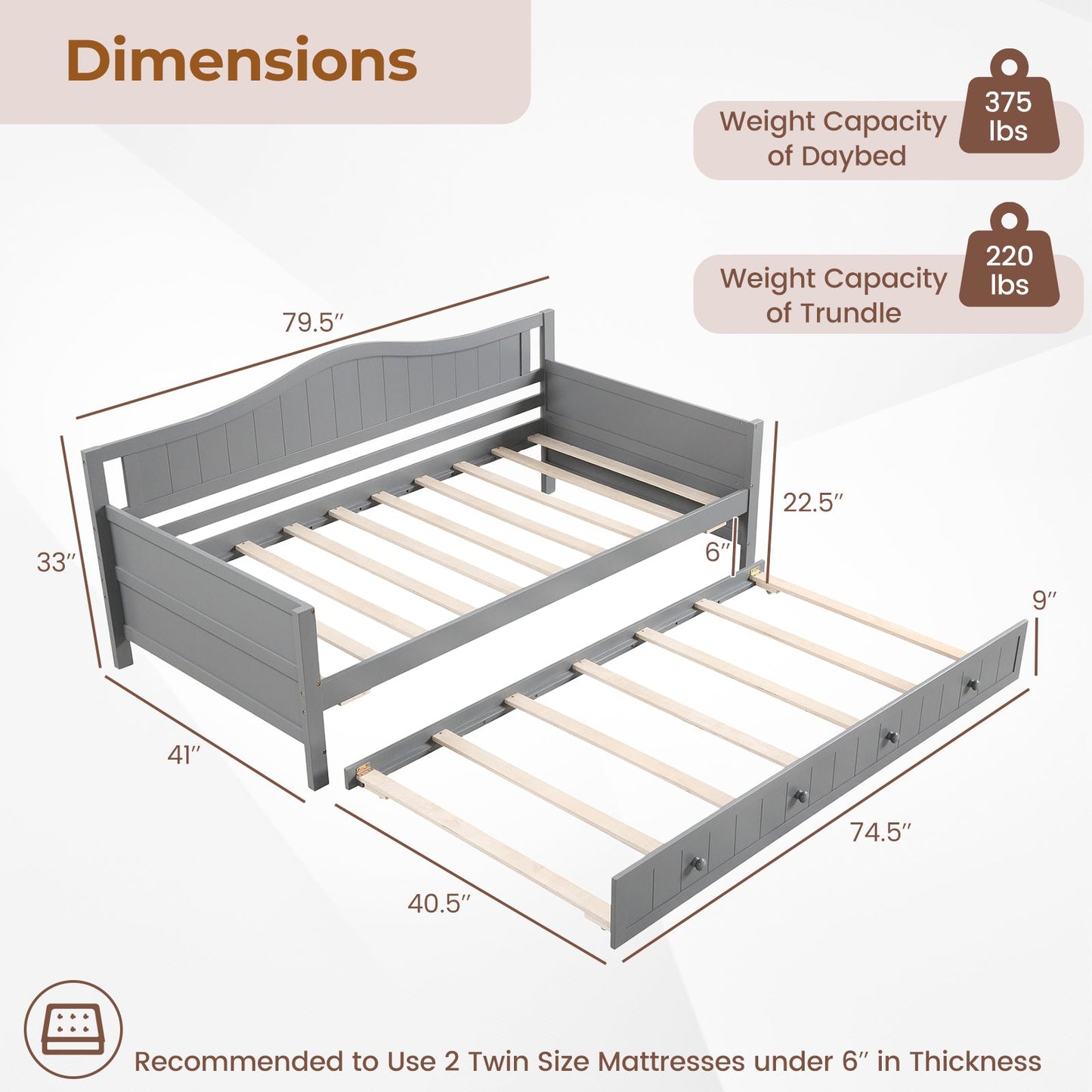 Sofá cama individual con nido y soporte de láminas sobre ruedas - Gris