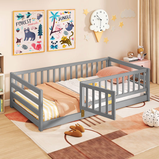 Twin Size Floor Bed with High Fence and Door Playhouse for Kids - Tampa Home & Garden Store