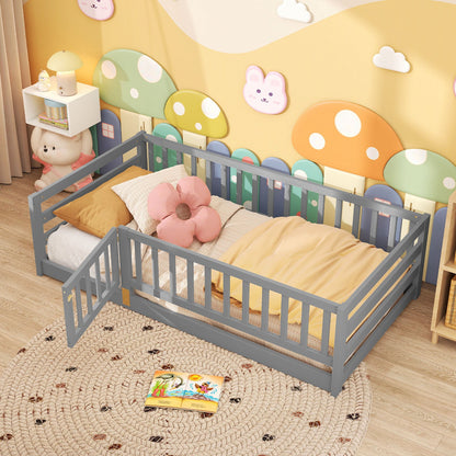 Twin Size Floor Bed with High Fence and Door Playhouse for Kids