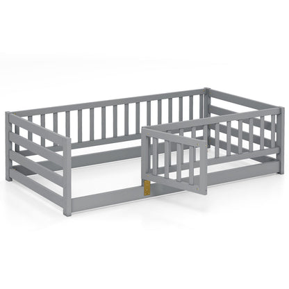 Twin Size Floor Bed with High Fence and Door Playhouse for Kids