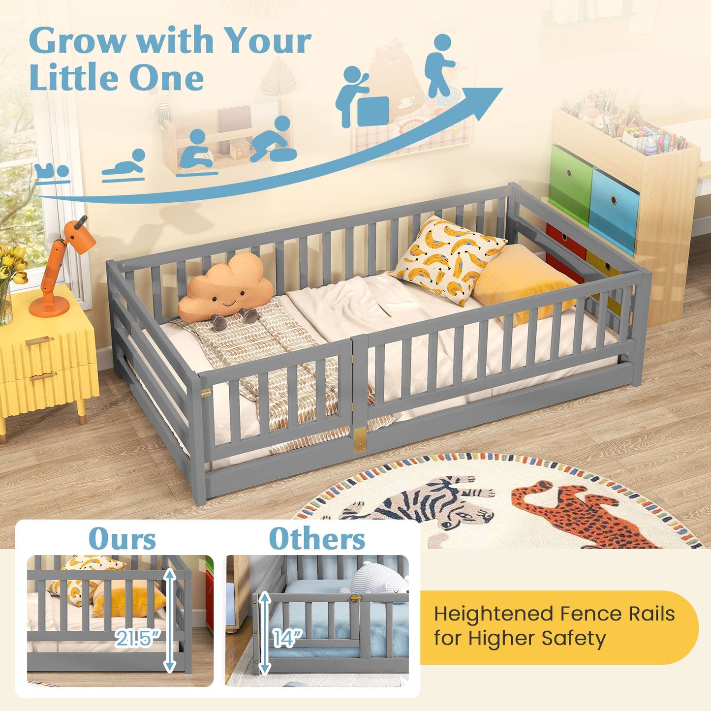 Twin Size Floor Bed with High Fence and Door Playhouse for Kids