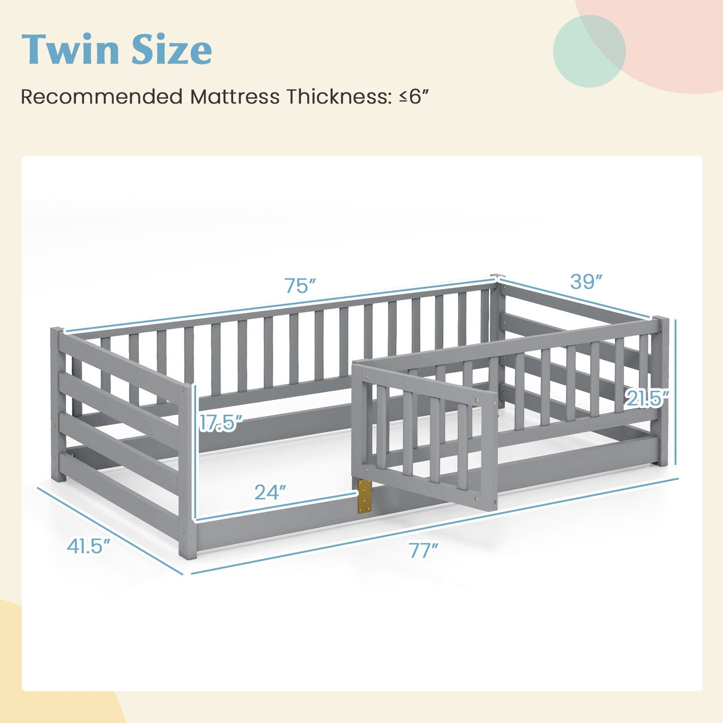 Twin Size Floor Bed with High Fence and Door Playhouse for Kids