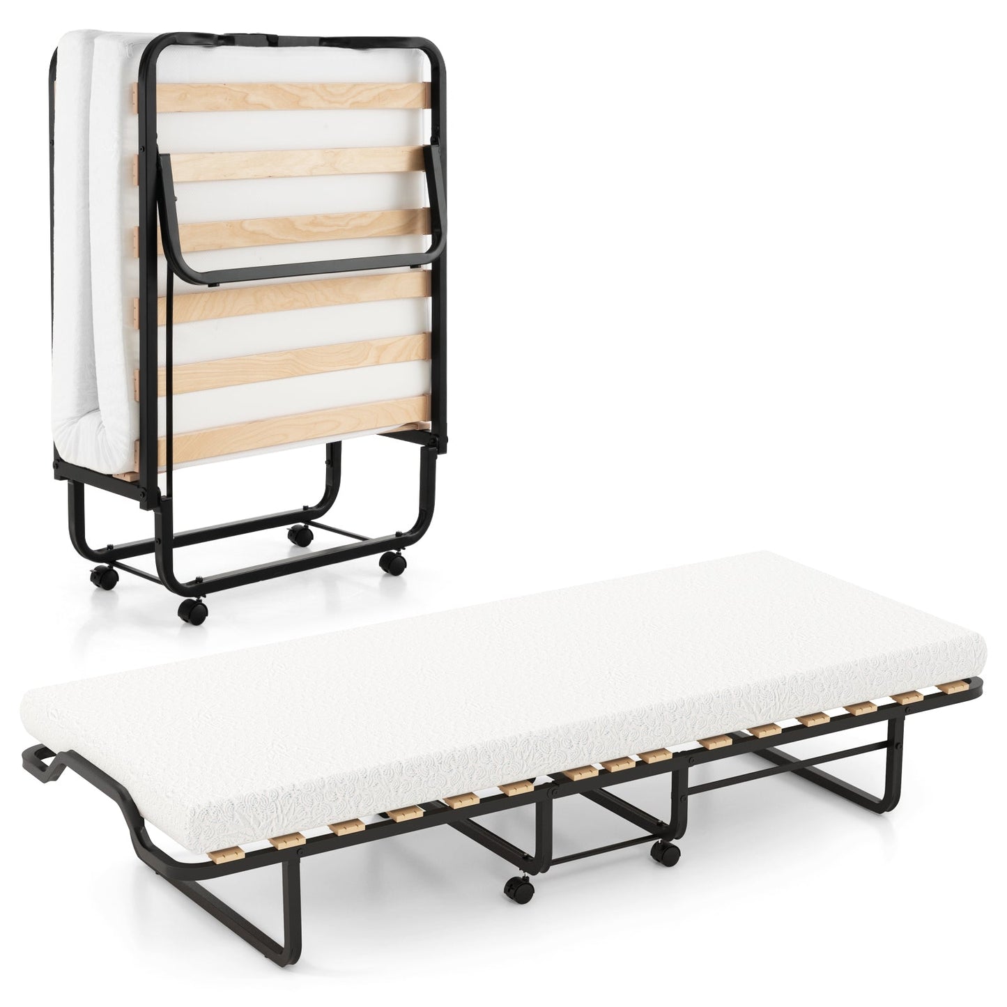 Cama plegable individual con colchón de espuma y ruedas con bloqueo