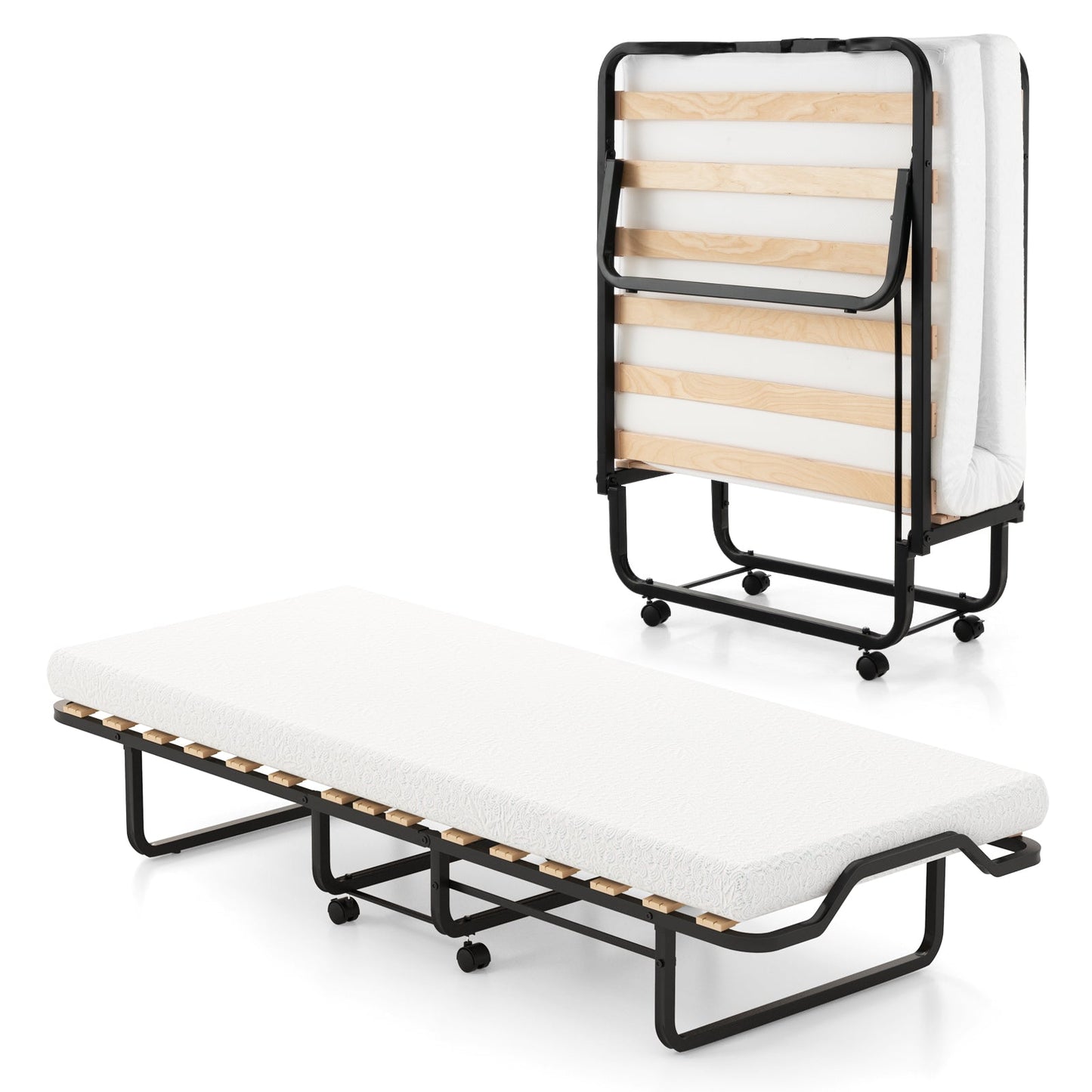 Cama plegable individual con colchón de espuma y ruedas con bloqueo