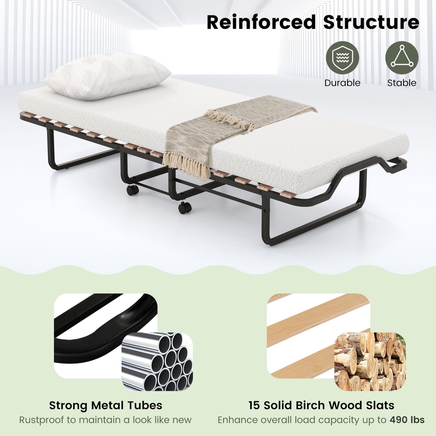 Cama plegable individual con colchón de espuma y ruedas con bloqueo