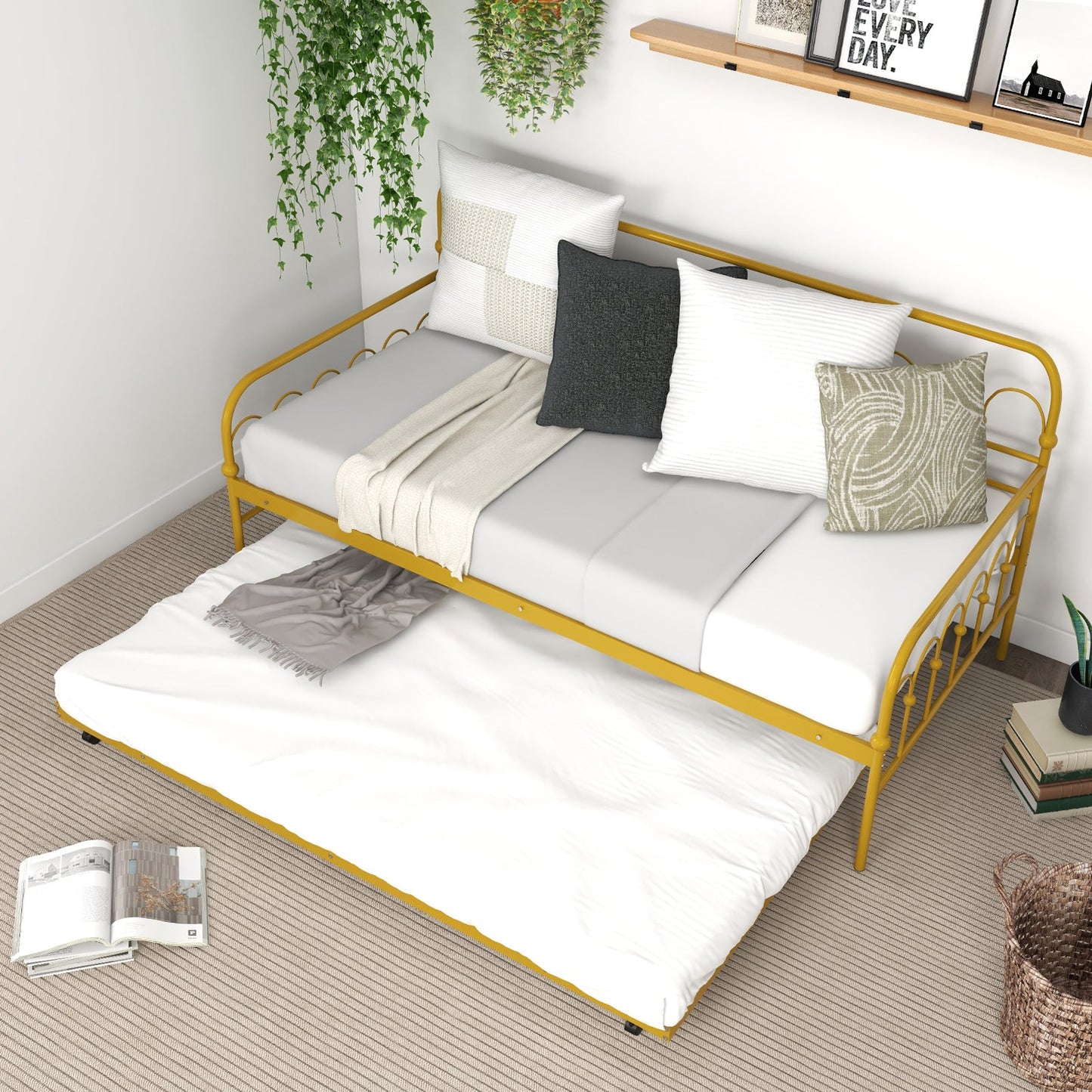 Twin size golden metal daybed with trundle and lockable wheels with pillows on Tampa Home & Garden Store