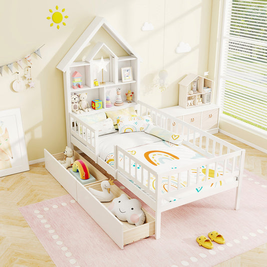 Twin Size House Bed Kids Montessori Bed with House-Shaped Storage Headboard-White - Tampa Home & Garden Store