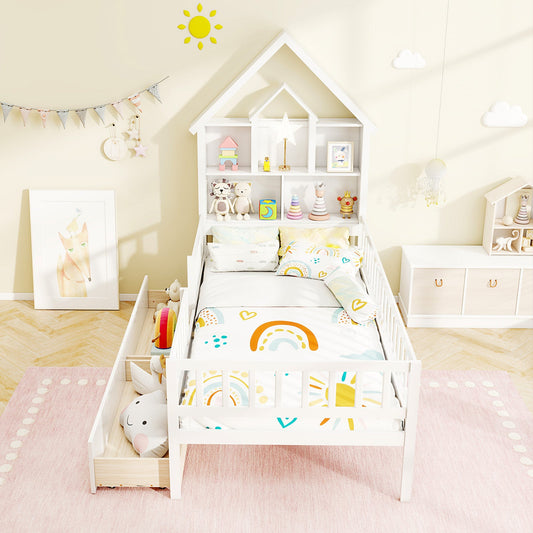 Twin Size House Bed Kids Montessori Bed with House-Shaped Storage Headboard-White - Tampa Home & Garden Store