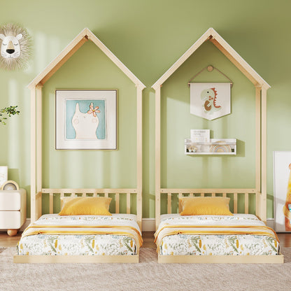 Twin Size House Bed with House Shape Roof and Semi-Fence